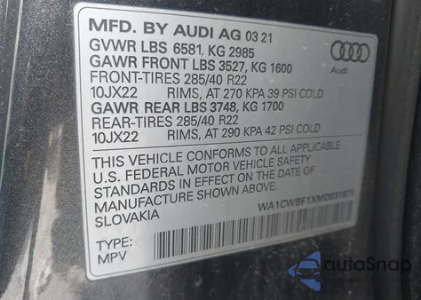 2021 Audi Sq8 Prestige Tfsi Quattro Tiptronic z USA, uszkodzony, nr VIN WA1CWBF1XMD031675